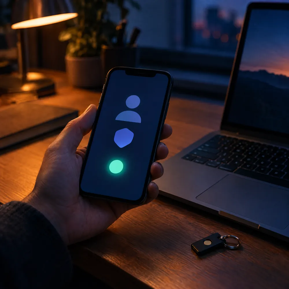A sign-in approval on a phone beside a laptop and a security key