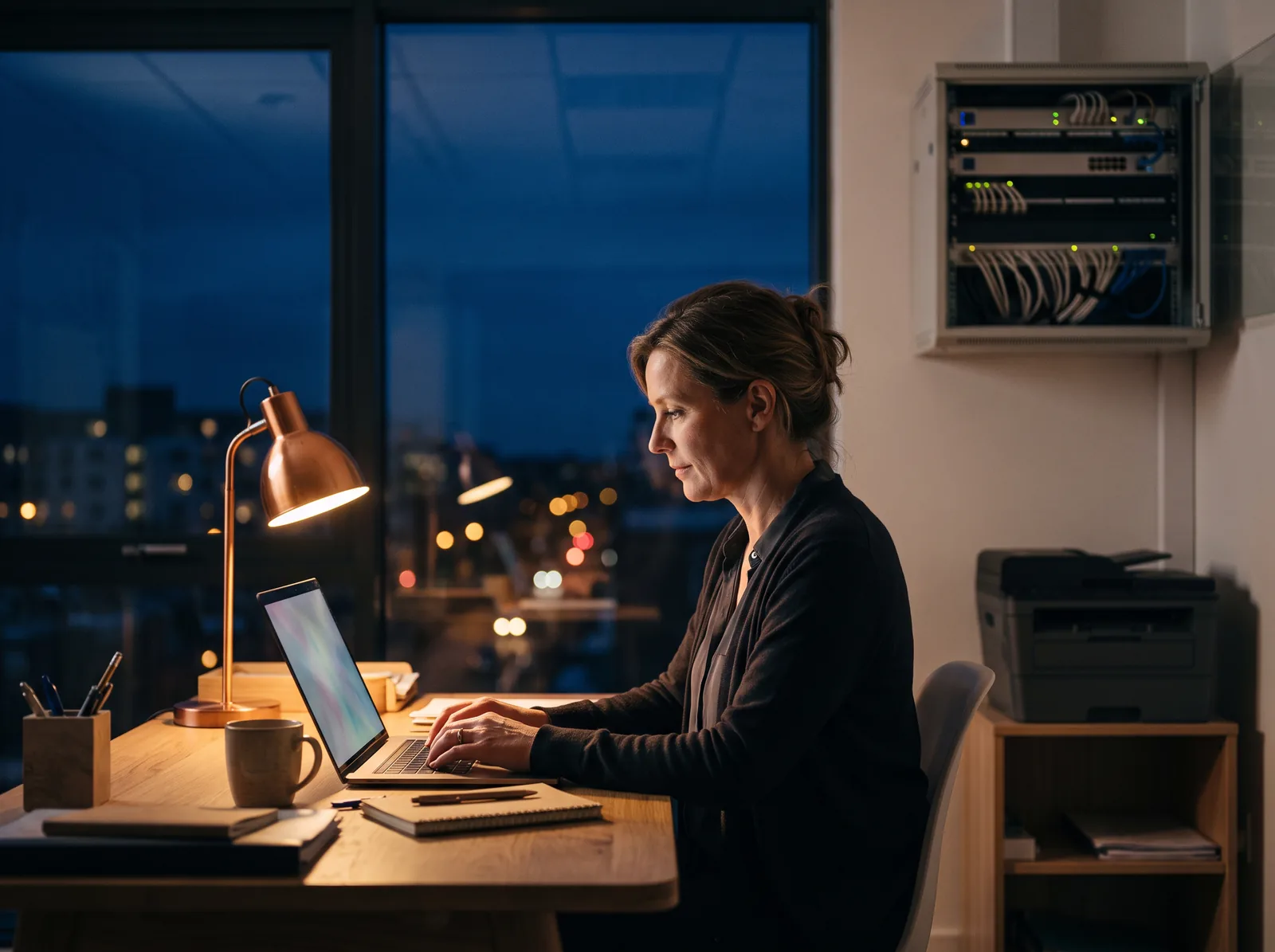 An office manager working at her desk in the evening, with a tidy network cabinet on the wall behind her