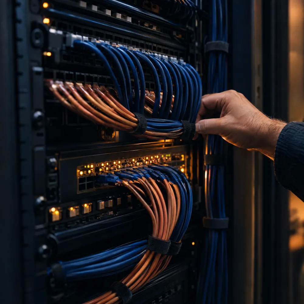 A technician dressing network cables in a tidy rack