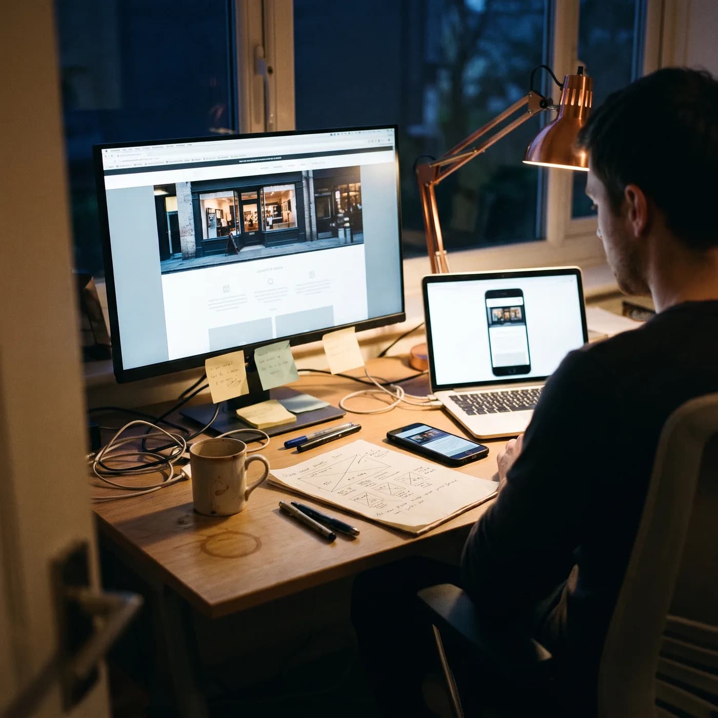 A website layout on a monitor, a laptop and a phone