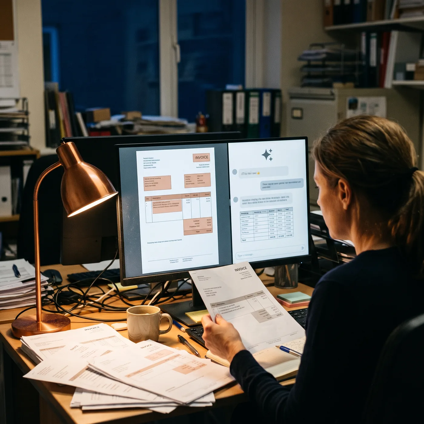 An office worker checking an invoice while an AI assistant pulls its details into a table on screen