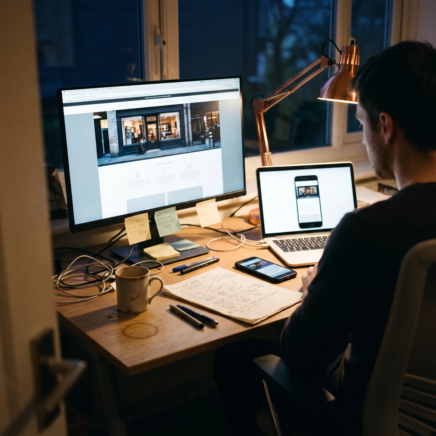 A website layout on a monitor, a laptop and a phone