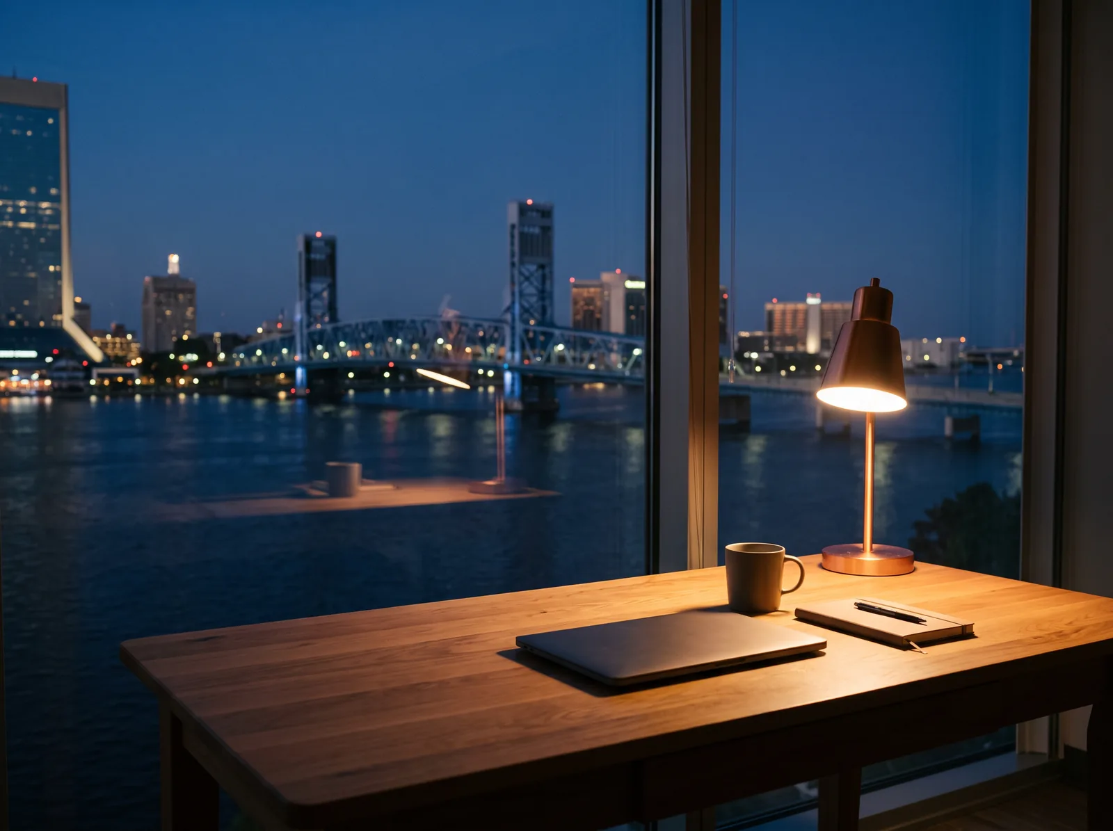 A quiet office desk at dusk, looking out on the river, a lit bridge and the Jacksonville skyline