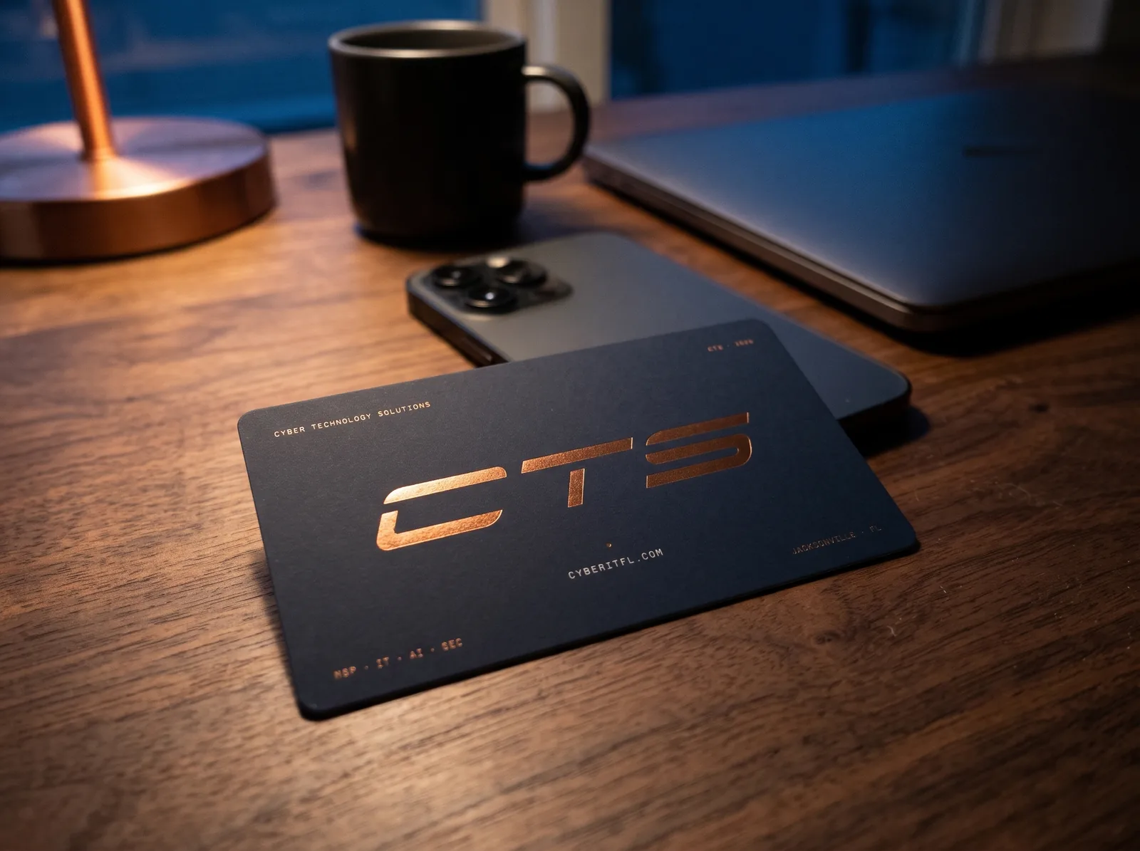 A CyberTech business card on a desk beside a laptop and a coffee mug
