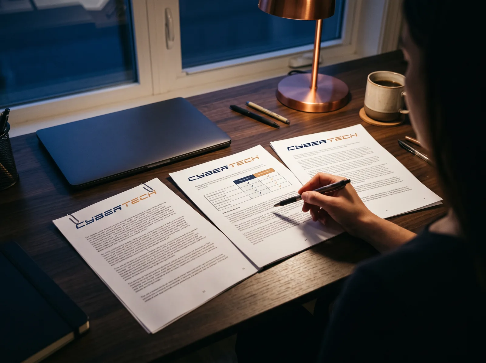 Over the shoulder of a business owner reviewing three printed CyberTech plan proposals at her desk