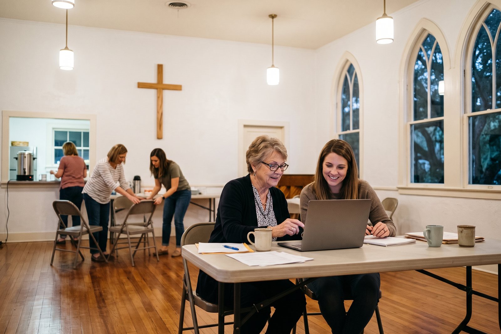 AI-generated photo-style scene of a church administrator and a volunteer planning at a laptop in the fellowship hall while other volunteers set out chairs, with a wooden cross on the wall