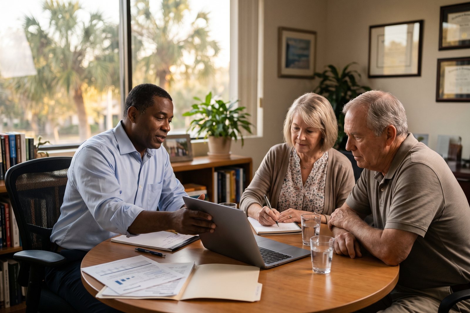 AI-generated photo-style scene of a financial advisor turning his laptop toward a retired couple at a round table while the woman takes notes, with palm trees outside the window