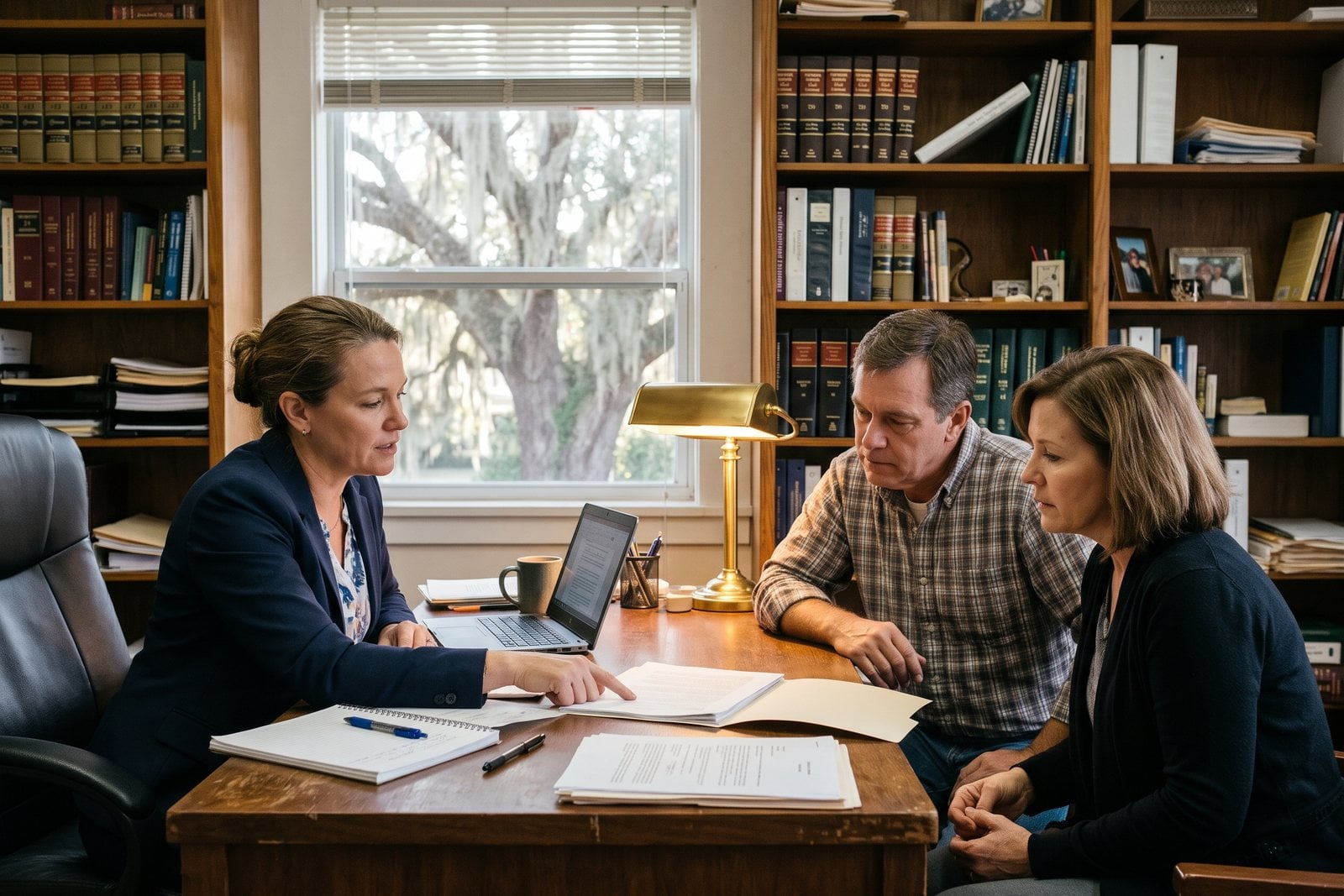 AI-generated photo-style scene of an attorney walking a client couple through a document at her desk, with law books behind them and a live oak with Spanish moss outside the window