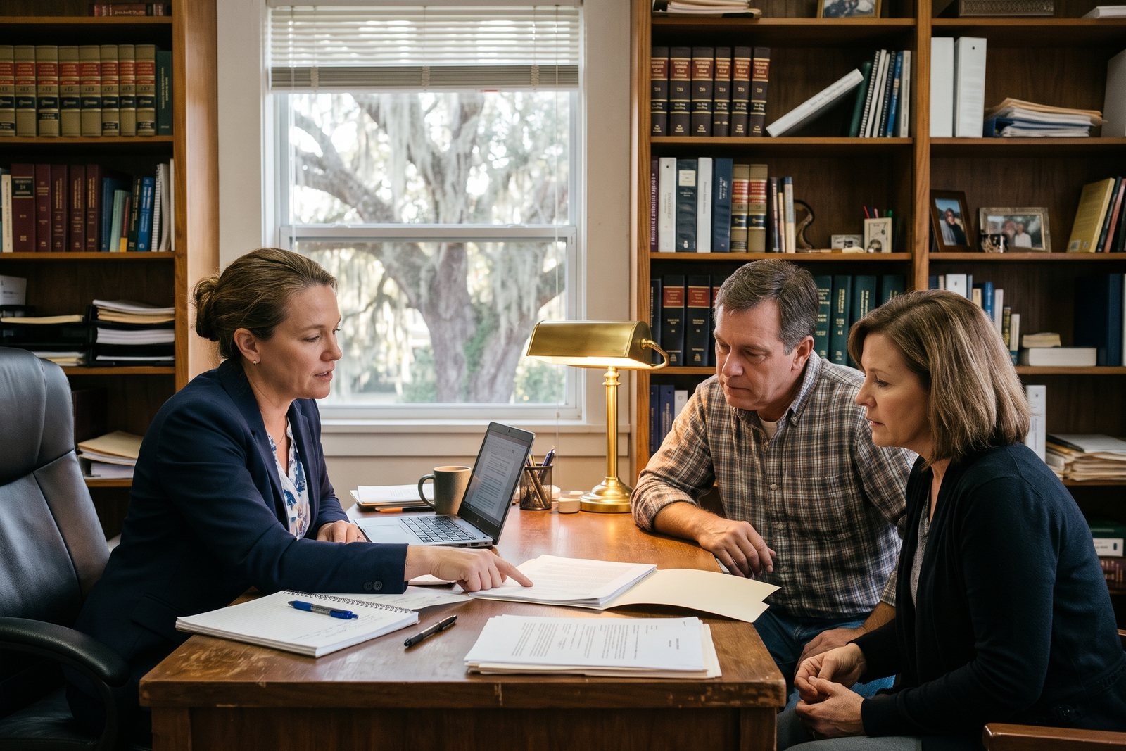AI-generated photo-style scene of an attorney walking a client couple through a document at her desk, with law books behind them and a live oak with Spanish moss outside the window