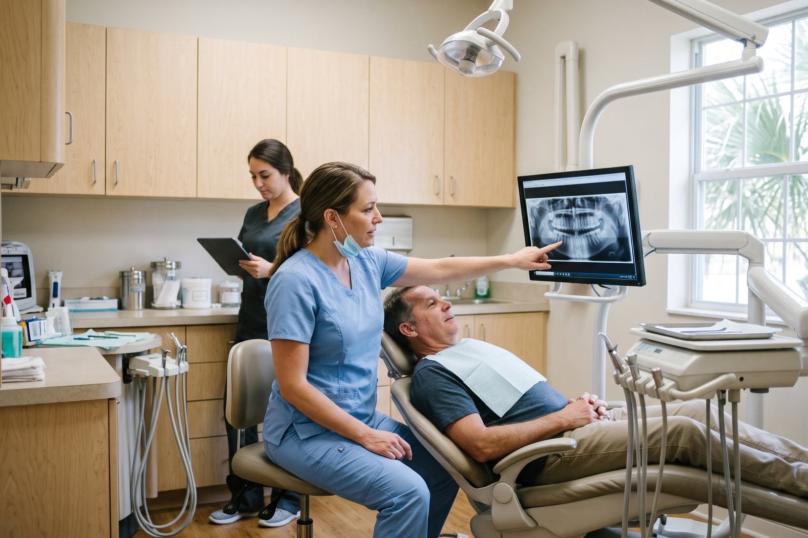 AI-generated photo-style scene of a dentist showing a patient his x-ray on a monitor beside the dental chair while an assistant checks a tablet