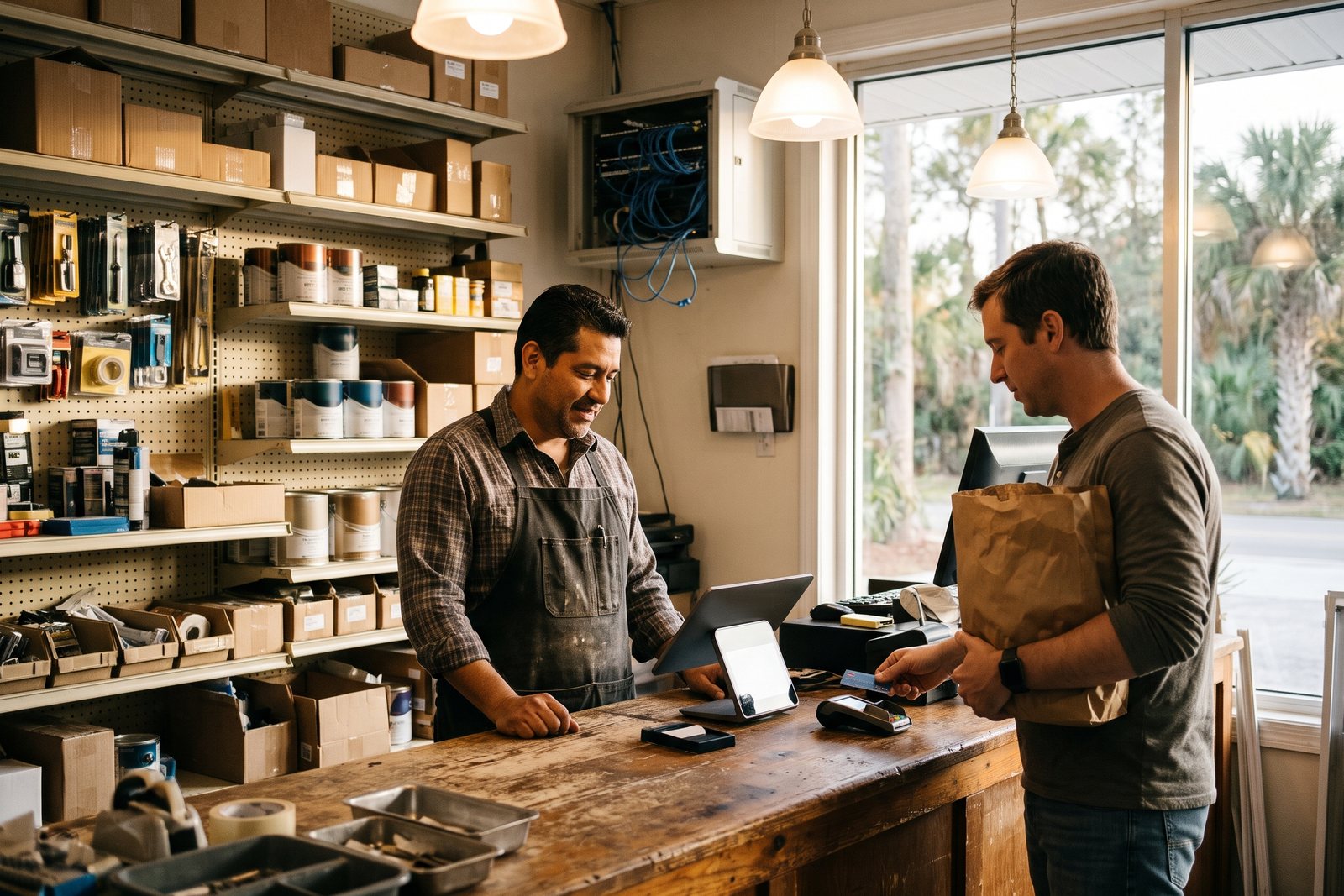 AI-generated photo-style scene of a hardware shop owner ringing up a customer at the counter with a tablet point-of-sale and card reader, with a wall network cabinet behind and palm trees outside